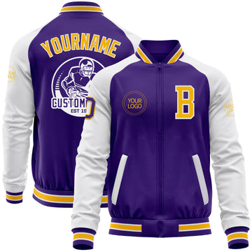 Custom Purple Gold-White Bomber Varsity Letterman Two Tone Zipper Jacket