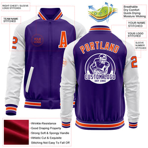 Custom Purple Orange-White Bomber Varsity Letterman Two Tone Zipper Jacket