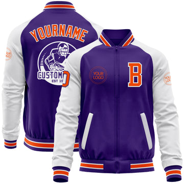 Custom Purple Orange-White Bomber Varsity Letterman Two Tone Zipper Jacket