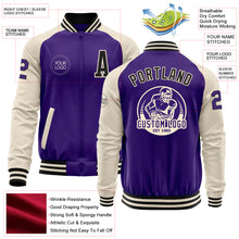 Laden Sie das Bild in den Galerie-Viewer, Custom Purple Black-Cream Bomber Varsity Letterman Two Tone Zipper Jacket
