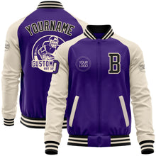 Laden Sie das Bild in den Galerie-Viewer, Custom Purple Black-Cream Bomber Varsity Letterman Two Tone Zipper Jacket
