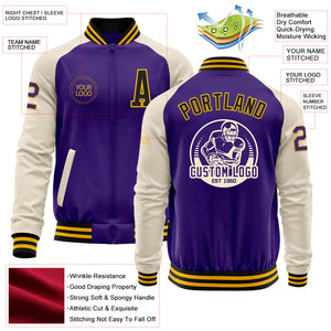 Custom Purple Black Gold-Cream Bomber Varsity Letterman Two Tone Zipper Jacket