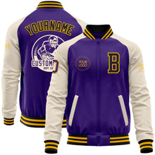 Laden Sie das Bild in den Galerie-Viewer, Custom Purple Black Gold-Cream Bomber Varsity Letterman Two Tone Zipper Jacket
