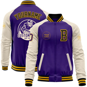 Custom Purple Black Gold-Cream Bomber Varsity Letterman Two Tone Zipper Jacket