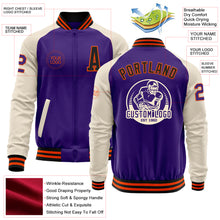 Laden Sie das Bild in den Galerie-Viewer, Custom Purple Black Orange-Cream Bomber Varsity Letterman Two Tone Zipper Jacket
