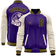 Laden Sie das Bild in den Galerie-Viewer, Custom Purple Black Old Gold-Cream Bomber Varsity Letterman Two Tone Zipper Jacket
