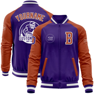 Custom Purple Texas Orange-White Bomber Varsity Letterman Two Tone Zipper Jacket