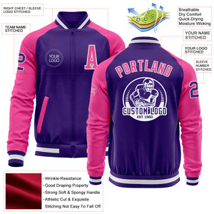 Custom Purple Pink-White Bomber Varsity Letterman Two Tone Zipper Jacket