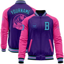 Laden Sie das Bild in den Galerie-Viewer, Custom Purple Sky Blue Black-Pink Bomber Varsity Letterman Two Tone Zipper Jacket
