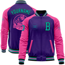 Laden Sie das Bild in den Galerie-Viewer, Custom Purple Aqua Black-Pink Bomber Varsity Letterman Two Tone Zipper Jacket
