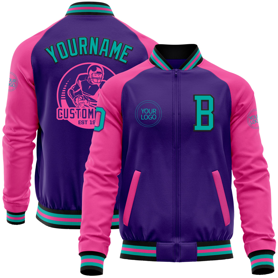 Custom Purple Aqua Black-Pink Bomber Varsity Letterman Two Tone Zipper Jacket