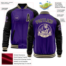 Laden Sie das Bild in den Galerie-Viewer, Custom Purple Black-Cream Bomber Varsity Letterman Two Tone Zipper Jacket
