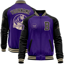 Laden Sie das Bild in den Galerie-Viewer, Custom Purple Black-Cream Bomber Varsity Letterman Two Tone Zipper Jacket
