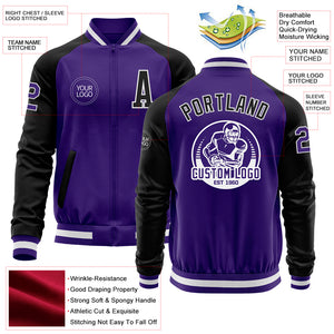 Custom Purple Black-White Bomber Varsity Letterman Two Tone Zipper Jacket