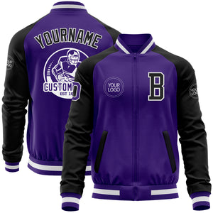 Custom Purple Black-White Bomber Varsity Letterman Two Tone Zipper Jacket