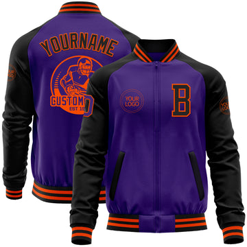 Custom Purple Black-Orange Bomber Varsity Letterman Two Tone Zipper Jacket