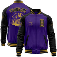 Laden Sie das Bild in den Galerie-Viewer, Custom Purple Black-Old Gold Bomber Varsity Letterman Two Tone Zipper Jacket
