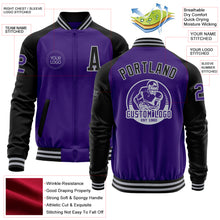 Charger l&#39;image dans la galerie, Custom Purple Black-Gray Bomber Varsity Letterman Two Tone Zipper Jacket
