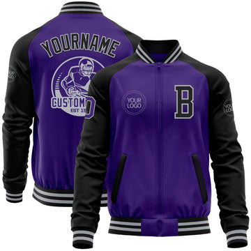 Custom Purple Black-Gray Bomber Varsity Letterman Two Tone Zipper Jacket