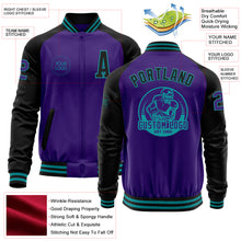 Laden Sie das Bild in den Galerie-Viewer, Custom Purple Black-Teal Bomber Varsity Letterman Two Tone Zipper Jacket
