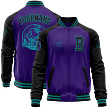 Laden Sie das Bild in den Galerie-Viewer, Custom Purple Black-Teal Bomber Varsity Letterman Two Tone Zipper Jacket
