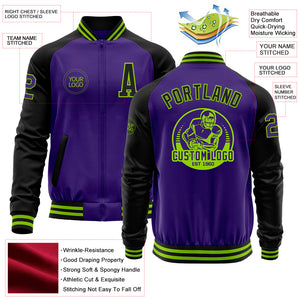 Custom Purple Black-Neon Green Bomber Varsity Letterman Two Tone Zipper Jacket