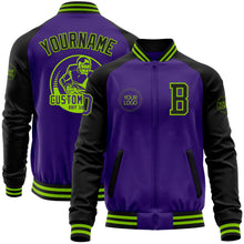 Charger l&#39;image dans la galerie, Custom Purple Black-Neon Green Bomber Varsity Letterman Two Tone Zipper Jacket
