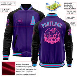 Custom Purple Sky Blue Pink-Black Bomber Varsity Letterman Two Tone Zipper Jacket