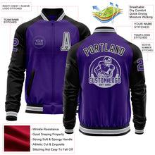 Laden Sie das Bild in den Galerie-Viewer, Custom Purple Black-Gray Bomber Varsity Letterman Two Tone Zipper Jacket
