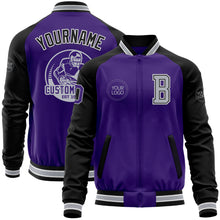 Laden Sie das Bild in den Galerie-Viewer, Custom Purple Black-Gray Bomber Varsity Letterman Two Tone Zipper Jacket
