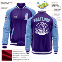 Laden Sie das Bild in den Galerie-Viewer, Custom Purple Light Blue-White Bomber Varsity Letterman Two Tone Zipper Jacket
