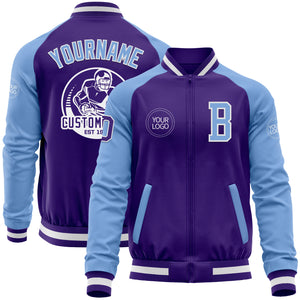 Custom Purple Light Blue-White Bomber Varsity Letterman Two Tone Zipper Jacket