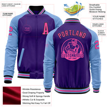 Laden Sie das Bild in den Galerie-Viewer, Custom Purple Pink Black-Light Blue Bomber Varsity Letterman Two Tone Zipper Jacket
