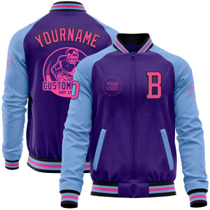 Custom Purple Pink Black-Light Blue Bomber Varsity Letterman Two Tone Zipper Jacket