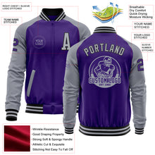 Laden Sie das Bild in den Galerie-Viewer, Custom Purple Gray-Black Bomber Varsity Letterman Two Tone Zipper Jacket
