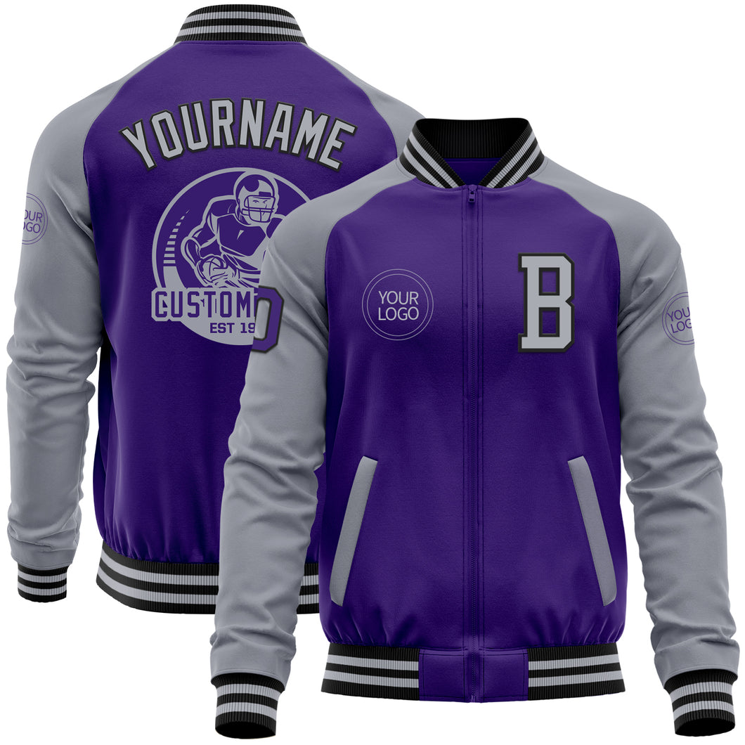 Custom Purple Gray-Black Bomber Varsity Letterman Two Tone Zipper Jacket