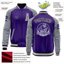 Laden Sie das Bild in den Galerie-Viewer, Custom Purple Gray-Black Bomber Varsity Letterman Two Tone Zipper Jacket
