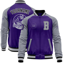 Laden Sie das Bild in den Galerie-Viewer, Custom Purple Gray-Black Bomber Varsity Letterman Two Tone Zipper Jacket
