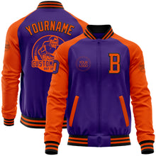 Laden Sie das Bild in den Galerie-Viewer, Custom Purple Orange-Black Bomber Varsity Letterman Two Tone Zipper Jacket
