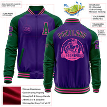 Laden Sie das Bild in den Galerie-Viewer, Custom Purple Kelly Green-Pink Bomber Varsity Letterman Two Tone Zipper Jacket
