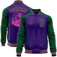 Laden Sie das Bild in den Galerie-Viewer, Custom Purple Kelly Green-Pink Bomber Varsity Letterman Two Tone Zipper Jacket
