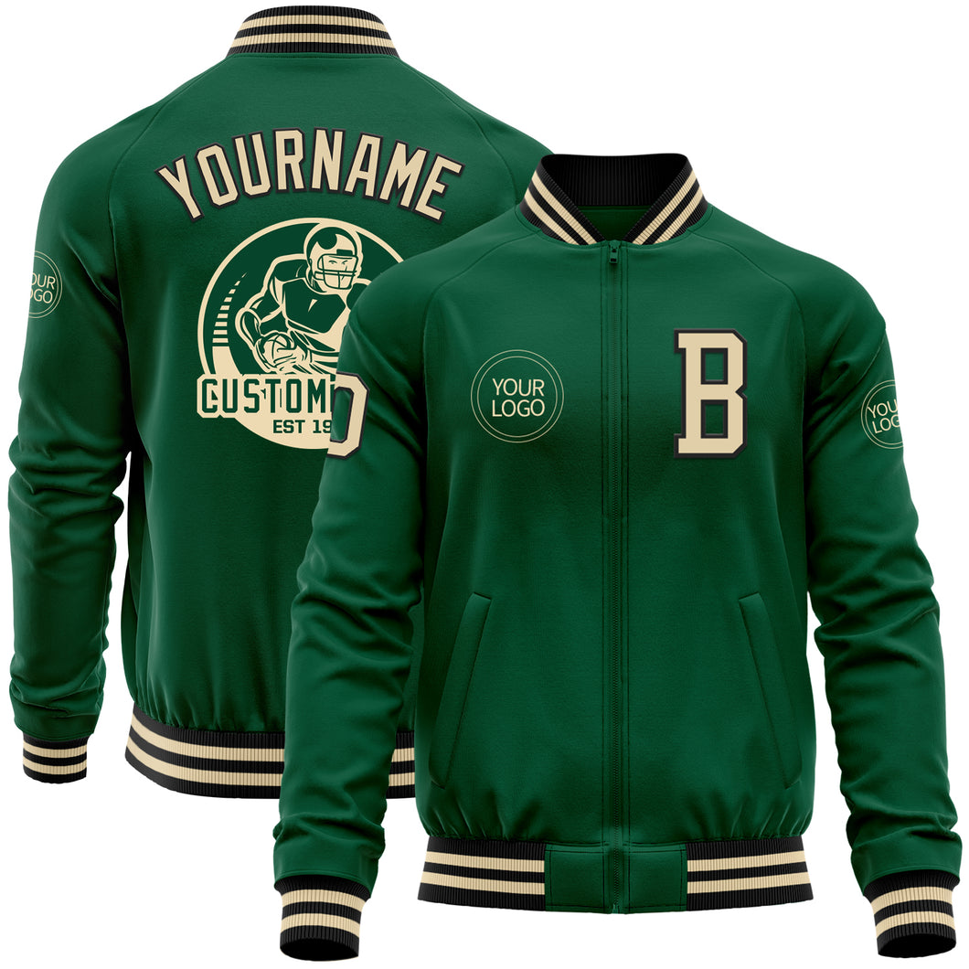 Custom Kelly Green Cream-Black Bomber Varsity Letterman Zipper Jacket