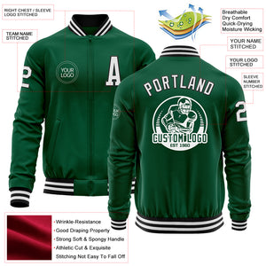 Custom Kelly Green White-Black Bomber Varsity Letterman Zipper Jacket