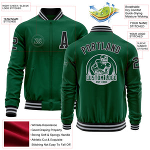 Custom Kelly Green Black-Gray Bomber Varsity Letterman Zipper Jacket