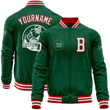 Custom Kelly Green White-Red Bomber Varsity Letterman Zipper Jacket