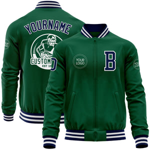 Custom Kelly Green Navy-White Bomber Varsity Letterman Zipper Jacket