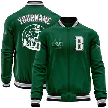 Custom Kelly Green Black-Gray Bomber Varsity Letterman Zipper Jacket