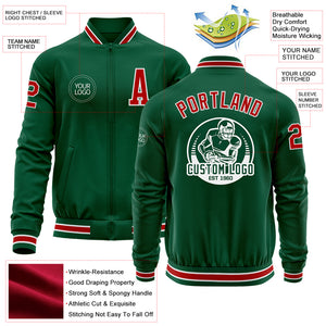 Custom Kelly Green Red-White Bomber Varsity Letterman Zipper Jacket