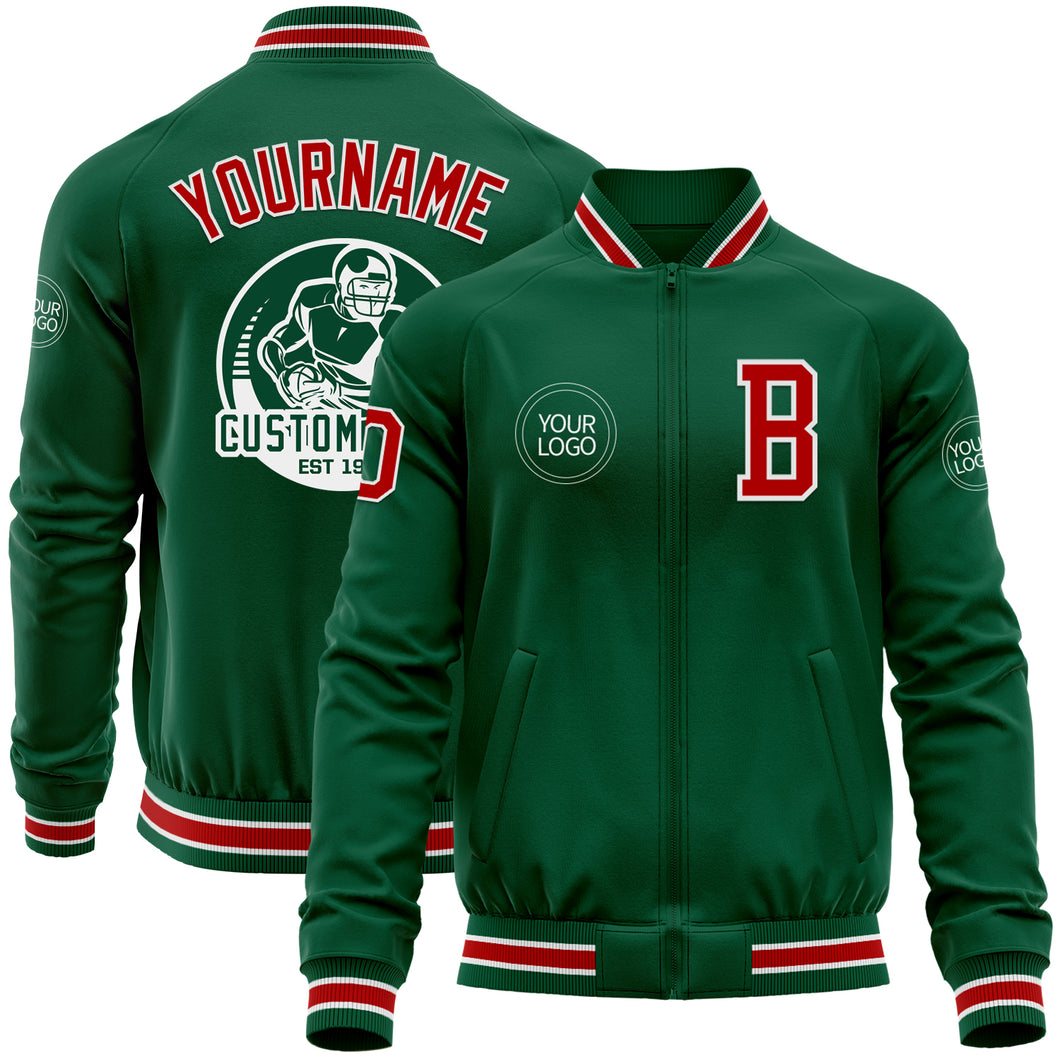 Custom Kelly Green Red-White Bomber Varsity Letterman Zipper Jacket