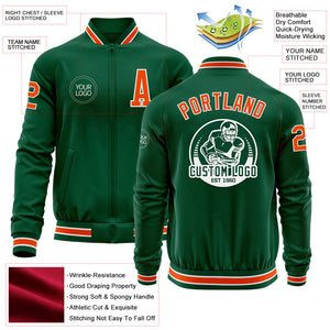 Custom Kelly Green Orange-White Bomber Varsity Letterman Zipper Jacket